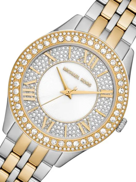 Michael Kors Harlowe MK4811 zegarek damski z kryształkami na bransolecie srebrno-złoty