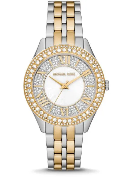 Michael Kors Harlowe MK4811 zegarek damski z kryształkami na bransolecie srebrno-złoty