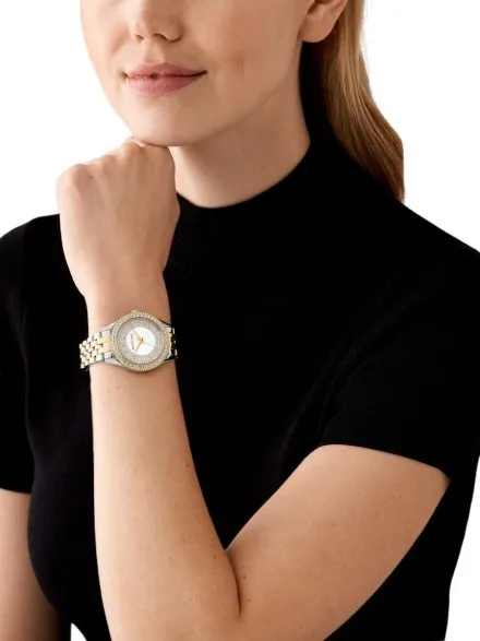Michael Kors Harlowe MK4811 zegarek damski z kryształkami na bransolecie srebrno-złoty