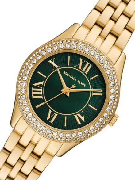 Michael Kors Harlowe MK4870 złoty zegarek damski z kryształkami i z zieloną tarczą