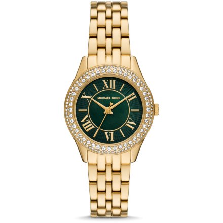 Michael Kors Harlowe MK4870 złoty zegarek damski z kryształkami i z zieloną tarczą