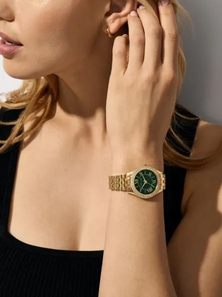 Michael Kors Harlowe MK4870 złoty zegarek damski z kryształkami i z zieloną tarczą