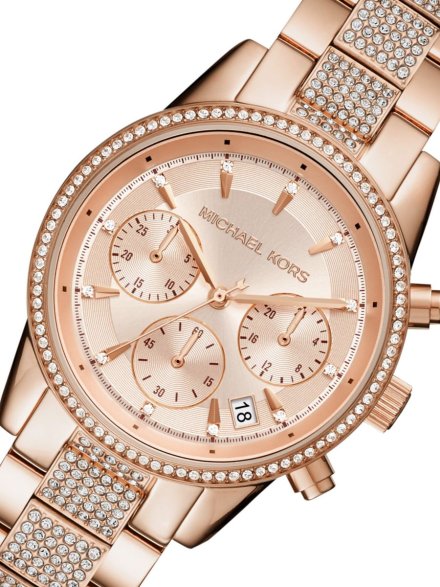 Michael Kors Ritz Chronograph MK6485 różowozłoty zegarek damski z kryształkami na bransolecie