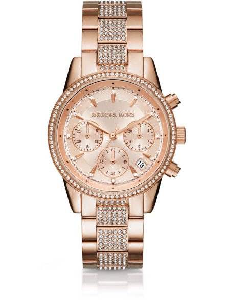 Michael Kors Ritz Chronograph MK6485 różowozłoty zegarek damski z kryształkami na bransolecie