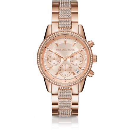 Michael Kors Ritz Chronograph MK6485 różowozłoty zegarek damski z kryształkami na bransolecie