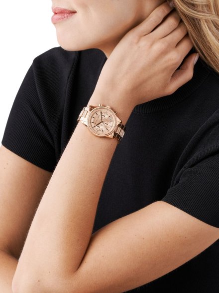 Michael Kors Ritz Chronograph MK6485 różowozłoty zegarek damski z kryształkami na bransolecie