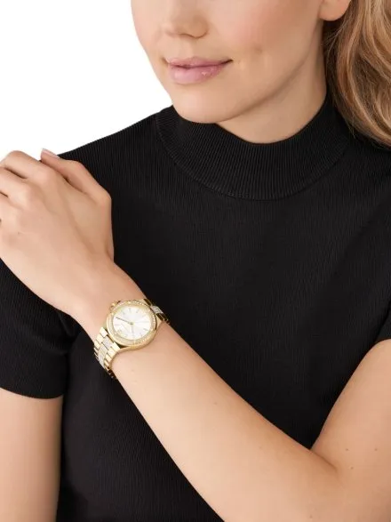 Michael Kors Lennox MK7361 złoty zegarek damski z bransoletą ozdobiony kryształkami
