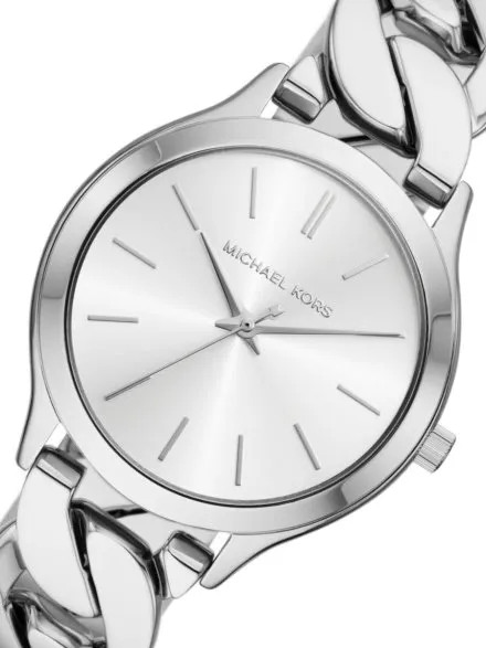 Michael Kors Slim Runway MK7474 srebrny zegarek damski łańcuch bransoletka