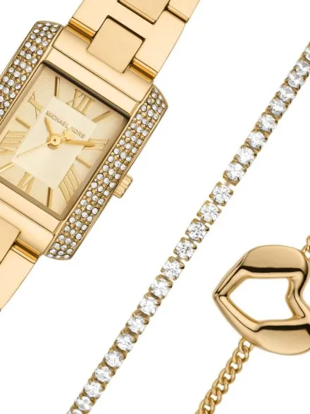 Michael Kors Emery MK7510SET złoty zegarek damski o prostokątnej kopercie z bransoletkami w zestawie