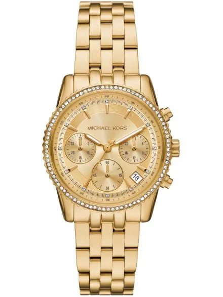 Michael Kors Ritz Chronograph MK7530 złoty zegarek damski z kryształkami na kopercie