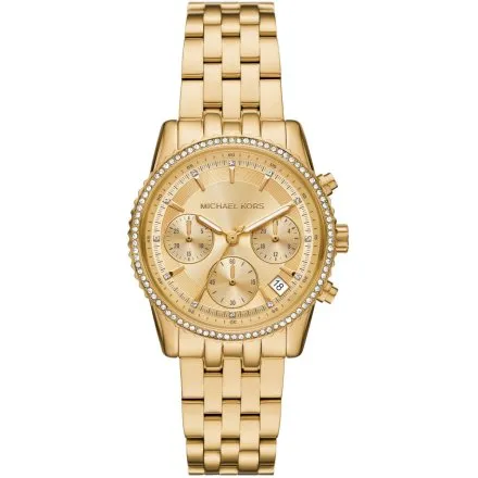 Michael Kors Ritz Chronograph MK7530 złoty zegarek damski z kryształkami na kopercie