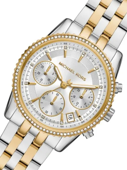 Michael Kors Ritz Chronograph MK7532 srebrno-złoty zegarek damski z kryształkami na kopercie