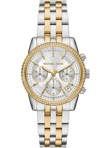 Michael Kors Ritz Chronograph MK7532 srebrno-złoty zegarek damski z kryształkami na kopercie