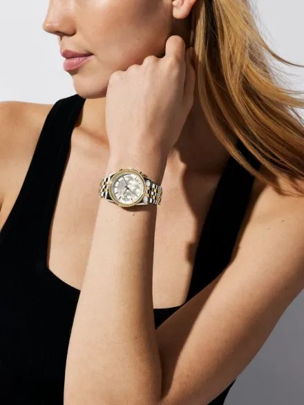 Michael Kors Ritz Chronograph MK7532 srebrno-złoty zegarek damski z kryształkami na kopercie
