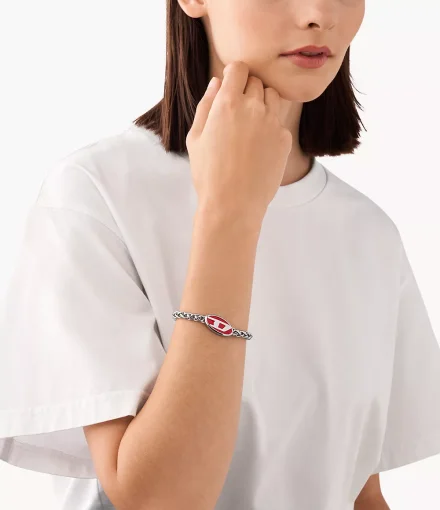 Diesel Steel Font bransoletka męska łańcuch logo srebrna z czerwonym elementem DX1445040