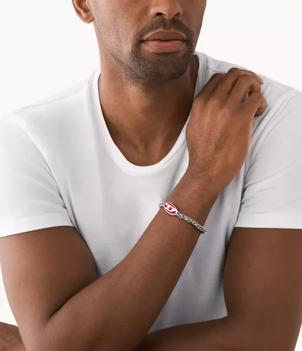 Diesel Steel Font bransoletka męska łańcuch logo srebrna z czerwonym elementem DX1445040