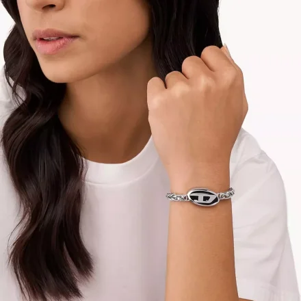 Diesel Steel Font bransoletka męska łańcuch logo srebrna z czarnym elementem DX1469040