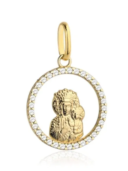 Złoty medalik Matka Boska z dzieciątkiem w kole wysadzanym cyrkoniami • Złoto 585 0.92 g