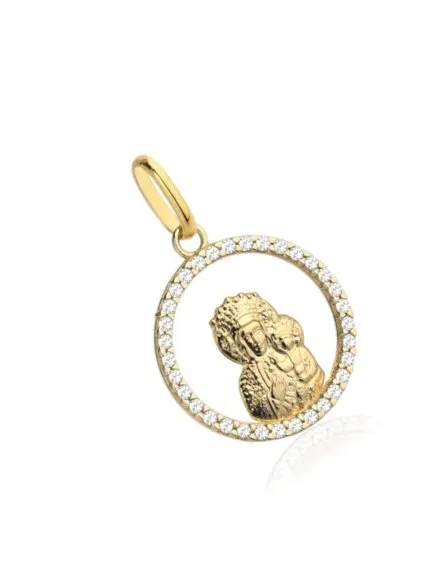 Złoty medalik Matka Boska z dzieciątkiem w kole wysadzanym cyrkoniami • Złoto 585 0.92 g
