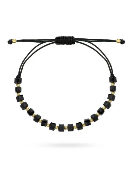  Bransoletka złote diamentowane kulki i czarne kamienie na sznurku • Złoto 585 0.68 g