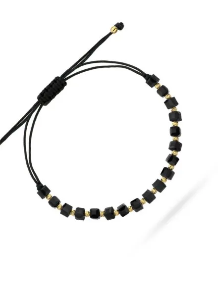  Bransoletka złote diamentowane kulki i czarne kamienie na sznurku • Złoto 585 0.68 g