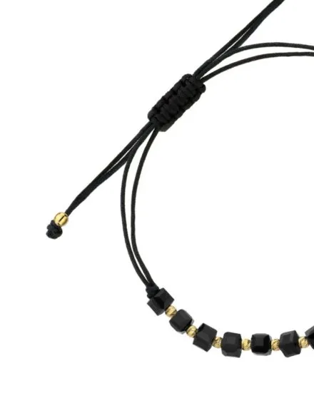  Bransoletka złote diamentowane kulki i czarne kamienie na sznurku • Złoto 585 0.68 g