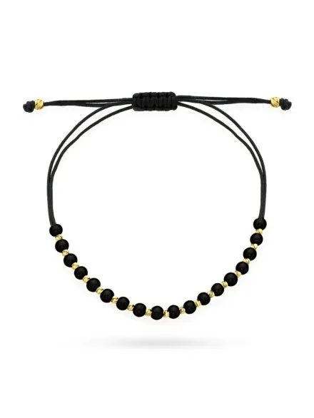 Bransoletka przeplatane diamentowane i czarne kuleczki na czarnym sznurku • Złoto 585 0.68 g