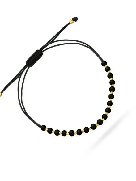 Bransoletka przeplatane diamentowane i czarne kuleczki na czarnym sznurku • Złoto 585 0.68 g
