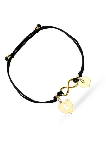 Bransoletka stópki nieskończoność i serce na czarnym sznurku • Złoto 585 1.34 g