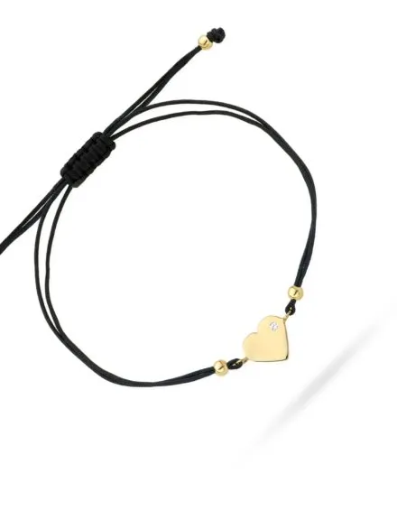 Bransoletka złote serce z cyrkonią na czarnym sznurku • Złoto 585 0.86 g