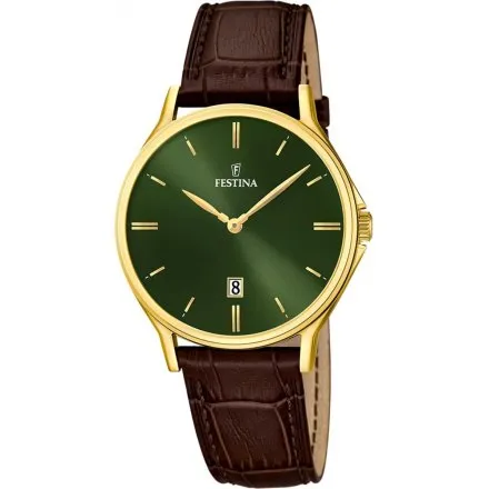 Festina Classic Zegarek Męski złoty z brązowym paskiem 16747/5