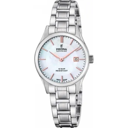 Festina Swiss Made Zegarek damski srebrny z perłową tarczą 20068/2