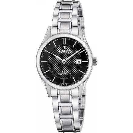 Festina Swiss Made Zegarek damski srebrny z czarną tarczą 20068/6