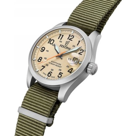 Festina Field Swiss Made Zegarek Męski srebrny z zielonym paskiem 20082/1