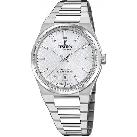 Festina Swiss Made Automatic Zegarek Męski ze srebrną tarczą na bransolecie 20083/1