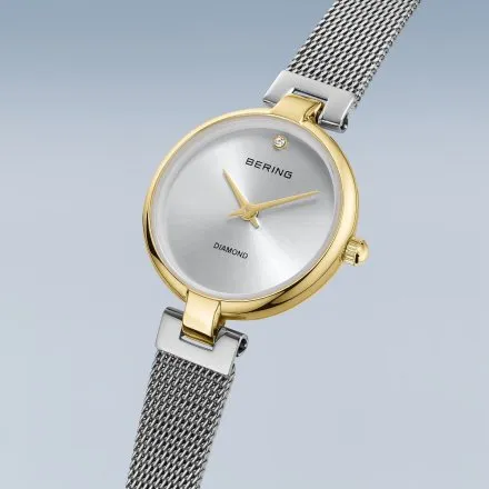 Bering Classic zegarek damski srebrno-złoty na bransolecie mesh 17724-010