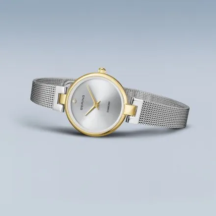 Bering Classic zegarek damski srebrno-złoty na bransolecie mesh 17724-010