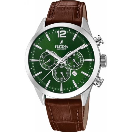 Festina TIMELESS CHRONOGRAPH Zegarek Męski srebrny z brązowym paskiem 20542/8