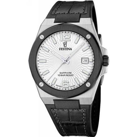 Festina Vallee Swiss Made Zegarek Męski srebrny z czarnym paskiem 22001/1