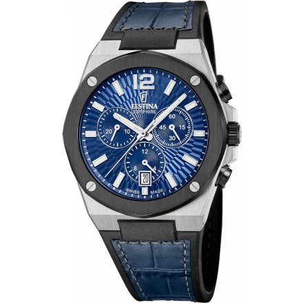 Festina Vallee Swiss Made Zegarek Męski srebrny z niebieskim paskiem 22003/2