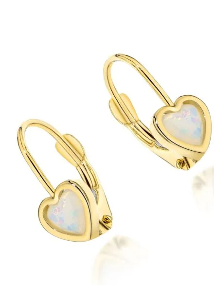 Kolczyki złote serduszka z opalitem na angielskim zapięciu • Złoto 585 1.29 g