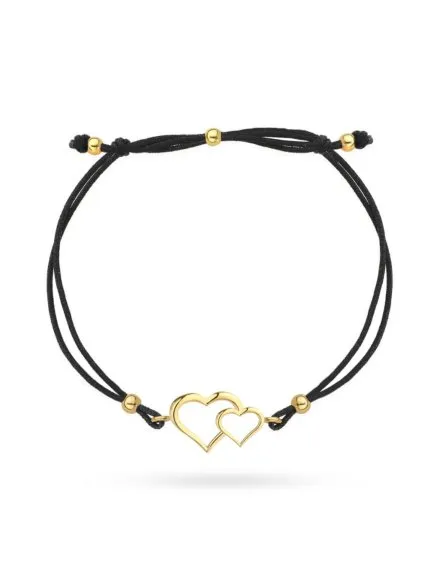 Bransoletka złote splecione serca na czarnym sznurku • Złoto 585 1.02 g