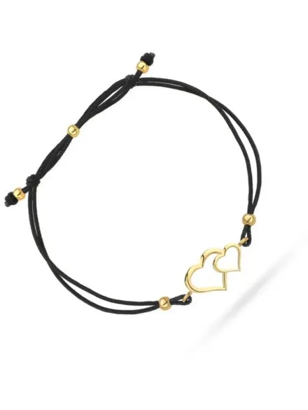 Bransoletka złote splecione serca na czarnym sznurku • Złoto 585 1.02 g