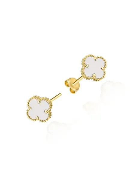 Kolczyki złote z białą koniczynką 4 mm • Złoto 585 1.11 g