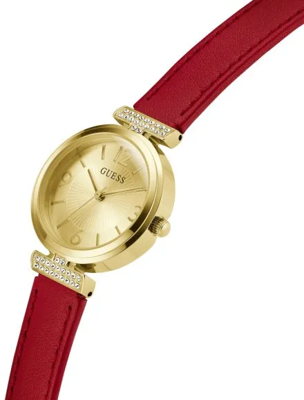 Guess Array złoty zegarek damski  z czerwonym skórzanym paskiem GW0614L6