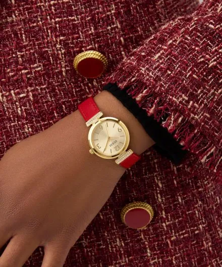 Guess Array złoty zegarek damski  z czerwonym skórzanym paskiem GW0614L6