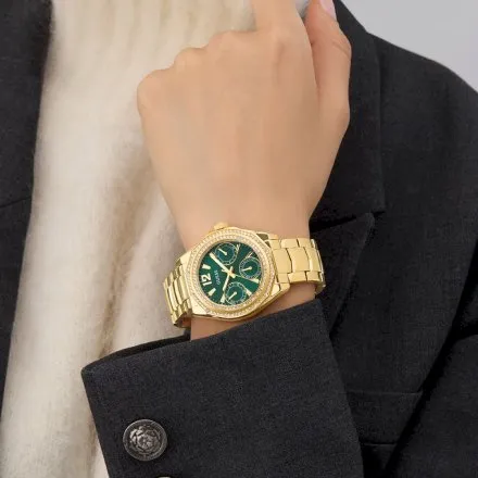 Guess Ritzy zegarek damski multifunkcyjny złoty z zieloną tarczą na bransolecie GW0685L5