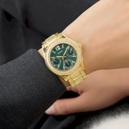 Guess Ritzy zegarek damski multifunkcyjny złoty z zieloną tarczą na bransolecie GW0685L5