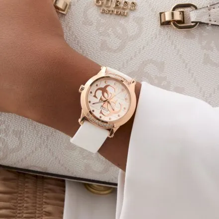 Guess Annette zegarek damski różowozłoty na białym pasku kauczukowym GW0860L4