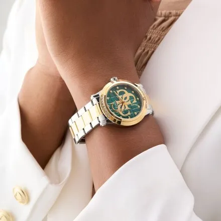 Guess Annette zegarek damski srebrno-złoty z zieloną tarczą na bransolecie GW0861L4